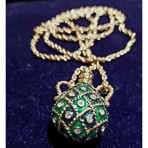 Avon Vintage Bejeweled Green and Blue Enamel Rhinestones Jug Pendant Necklace